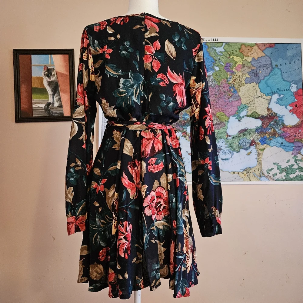 Green And Pink Floral Print Surplice Front Belted Dress